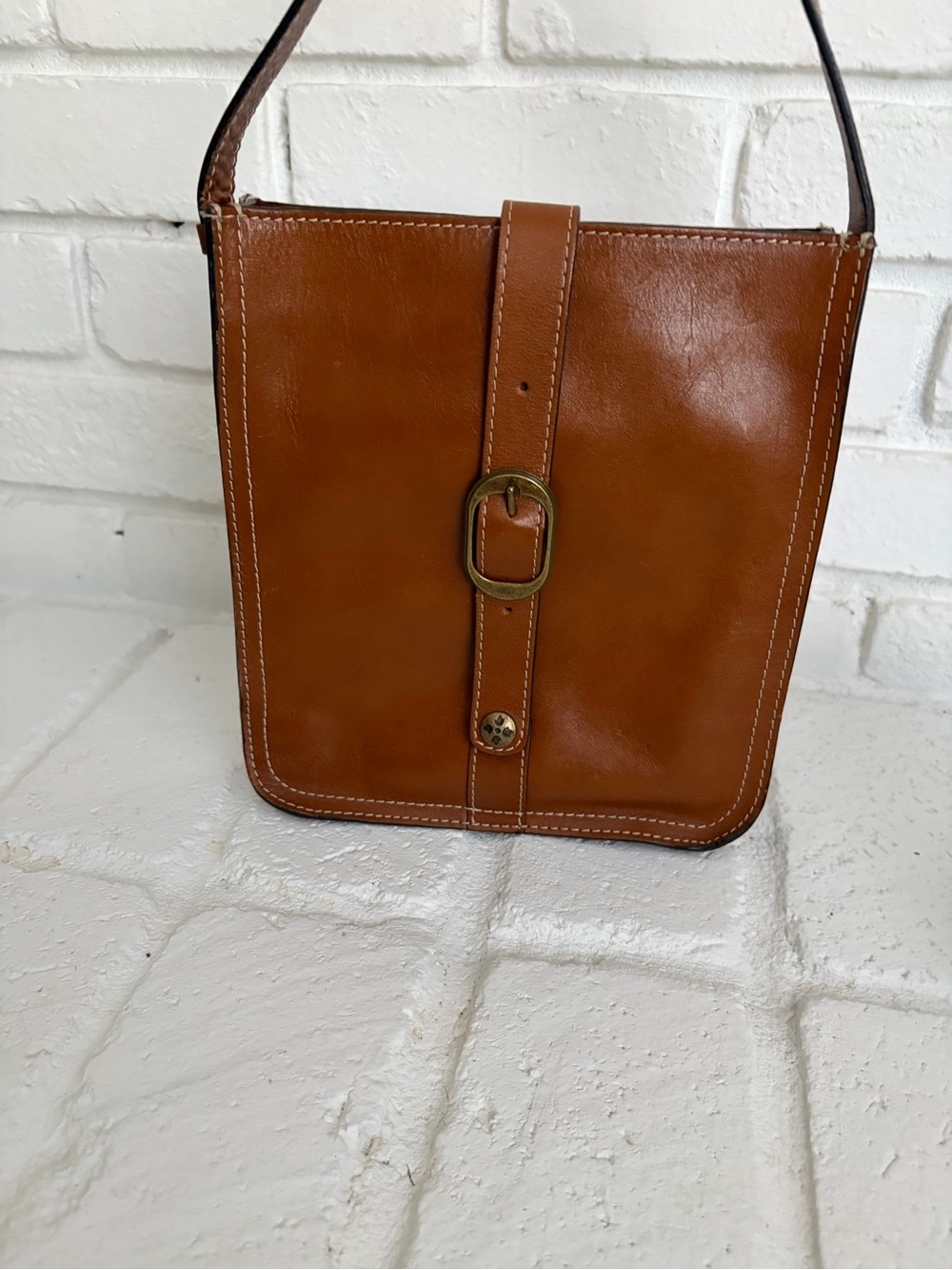Patricia Nash Cognac Leather Crossbody with Buckle Strap